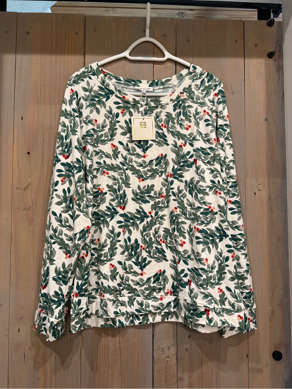 Mary Square- Women’s Holiday Leaf Print Long-Sleeve Pajama Top - White/Green/Red